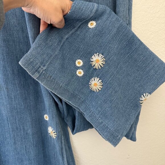 We The Free Embroidered Daisy Wide Leg High Rise Pants Cotton Flat Front Blue Sz - Picture 11 of 14